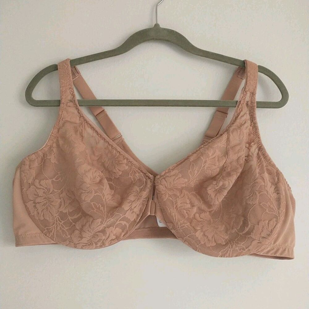 GLAMORISE Lacey T Back Front Closure Wonderwire Bra 48C Beige Lace Sheer 9246